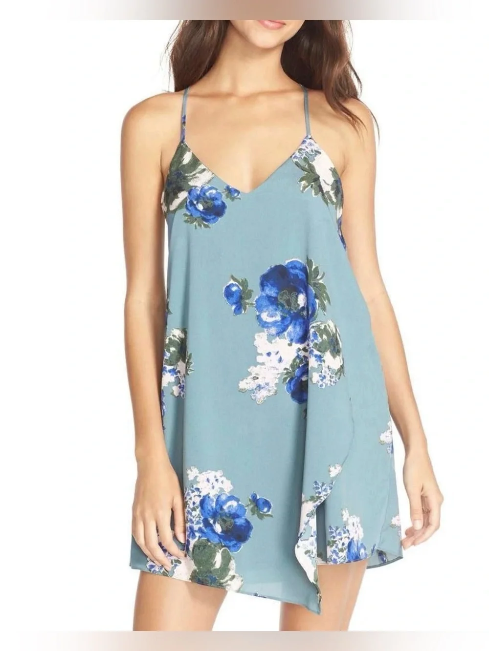 Free People Intimately Cascades Floral Chiffon Mini Slip Dress Slate Blue L